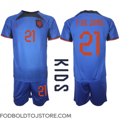 Holland Frenkie de Jong #21 Udebanesæt Børn VM 2022 Kortærmet (+ Korte bukser)